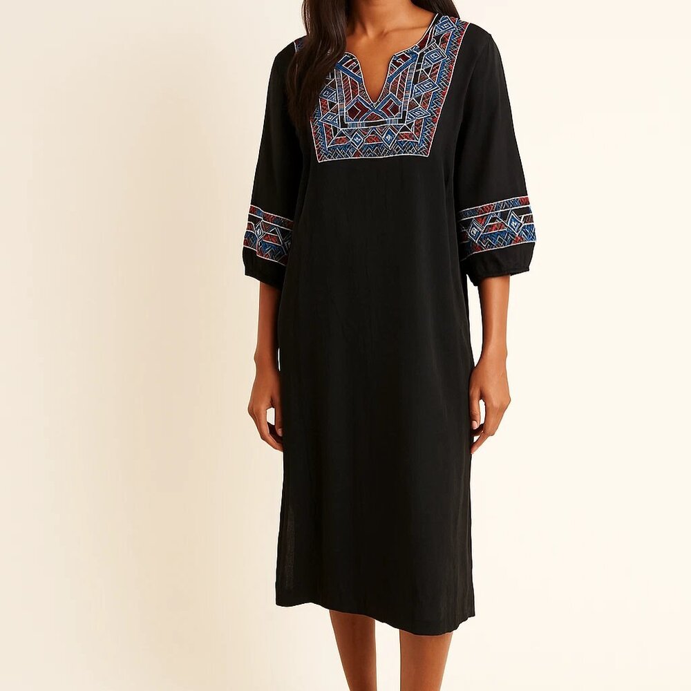 3rd Hill Boho Embroidered V Neck Kaftan Midi Dress Black Multi Size XL Boho Fest